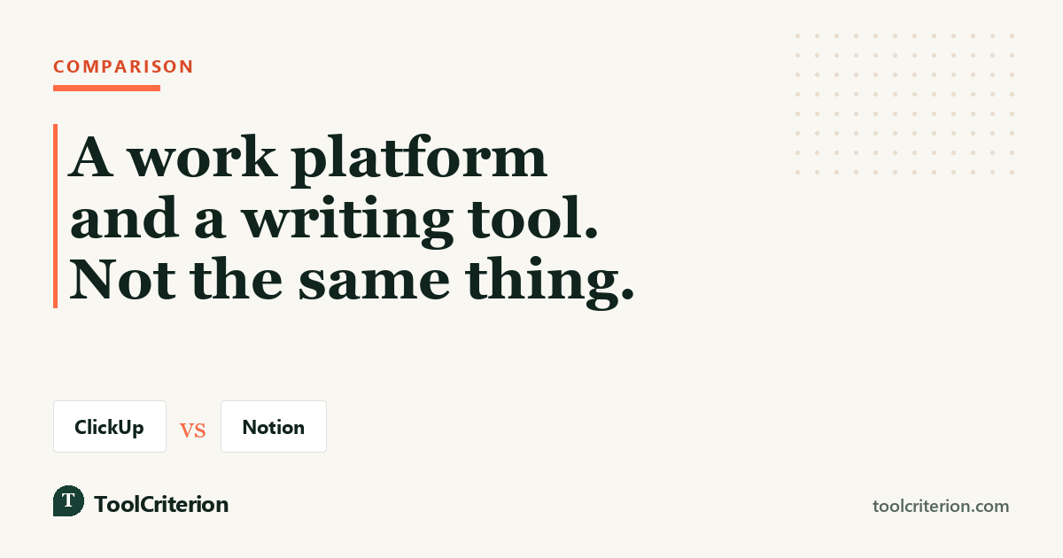 Comparison graphic contrasting ClickUp at $7 per user and Notion at $10 per member, labelled work platform against writing tool