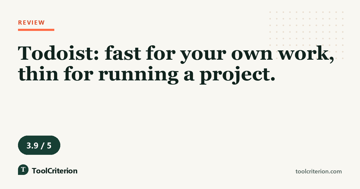 Review graphic describing Todoist as fast for your own work and thin for running a project, with a 3.9 out of 5 score badge
